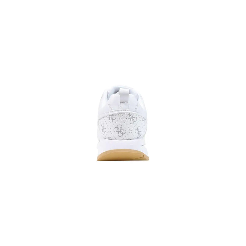 Back view of white polyurethane Guess women sneakers Evory with subtle silver logo pattern on the heel