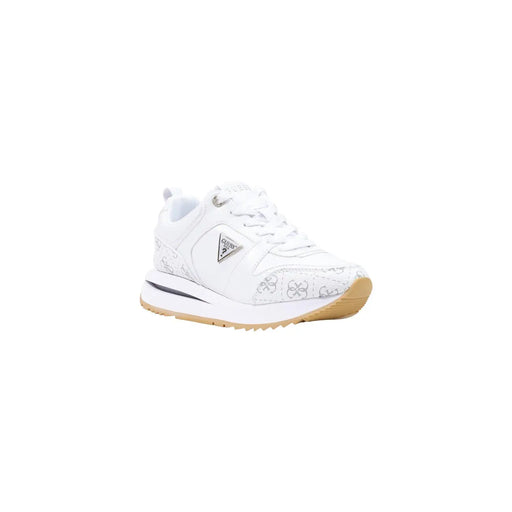 Guess Weiße Damen-Sneaker aus Polyurethan mit dezentem silbernen Blumenmuster und hellbrauner Gummisohle