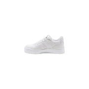 Guess women white polyurethane platform sneaker with clean minimalist design and subtle textured panels lace up style