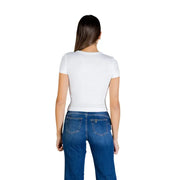 Guess Women white printed rhinestone cotton t-shirt with blue jeans