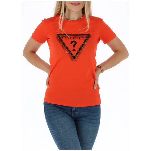 Bright orange Guess women round neck cotton t shirt with black triangular logo and fringe detailing on front