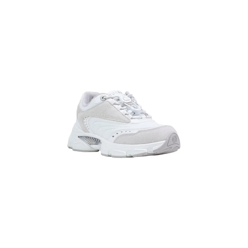 Guess women white polyester lace up sport sneakers with chunky sole textured upper and metallic silver accents