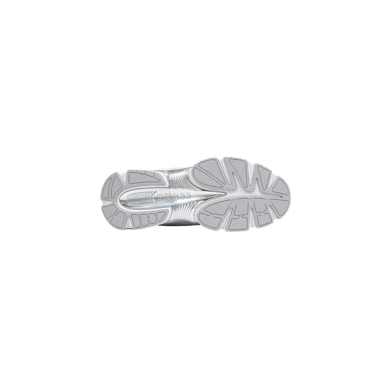 Silver-toned sole of guess women white polyester lace up sneakers with textured segmented design and visible branding