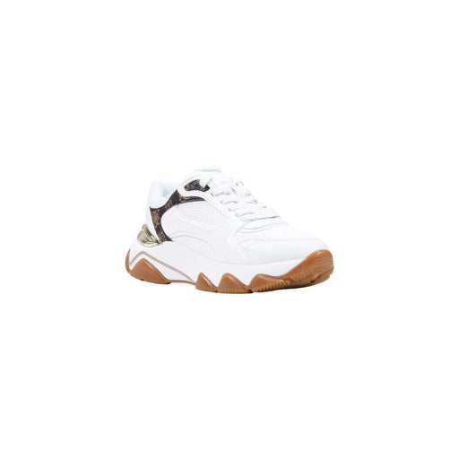 Guess Weiße Damen-Sneaker mit klobiger, hellbrauner Sohle und schwarzen Musterakzenten aus Polyester und Polyurethan