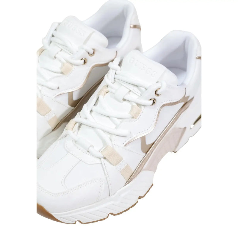 Guess women white sneakers polyurethane blend lace up with beige and metallic gold accents on sides laces and heel