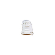 Back view of guess women white sneakers made of polyurethane blend with sleek design and metallic silver branding on heel