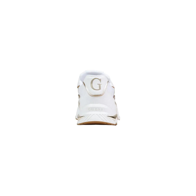 Back view of guess women white sneakers made of polyurethane blend with sleek design and metallic silver branding on heel