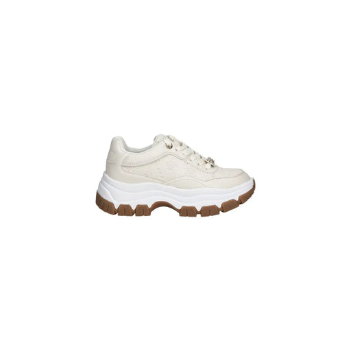 cremefarben guess Weiße Damen-Sneaker mit Polyurethan-Schnürung, klobigem Design, weißer Zwischensohle und brauner Außensohle