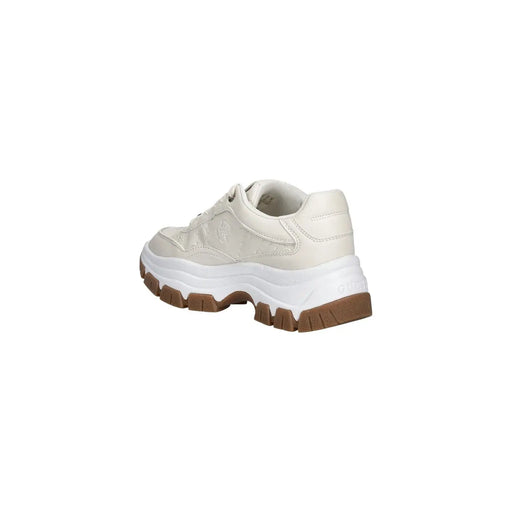 Guess Weiße Damen-Sneaker aus Polyurethan mit Schnürung, cremefarbenem Chunky-Design, weißer Zwischensohle und brauner Außensohle mit geprägtem Logo
