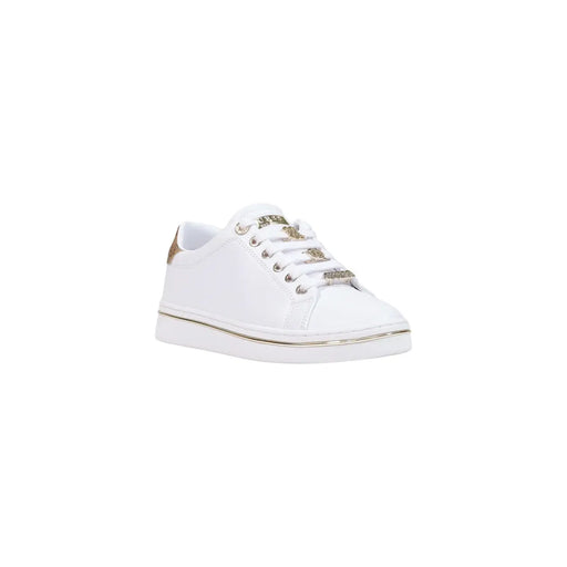 Guess weiße Frauen mit niedrigem Einkommentop Sneaker aus Polyurethanleder mit goldfarbenen Metallic-Akzenten und Markendetails