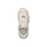 Guess women white sneakers with textured polyurethane upper, metallic logo accents, and contrasting brown rubber sole