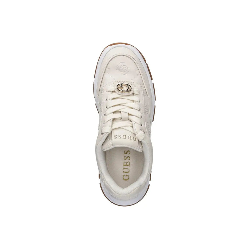 Guess women white sneakers with textured polyurethane upper, metallic logo accents, and contrasting brown rubber sole