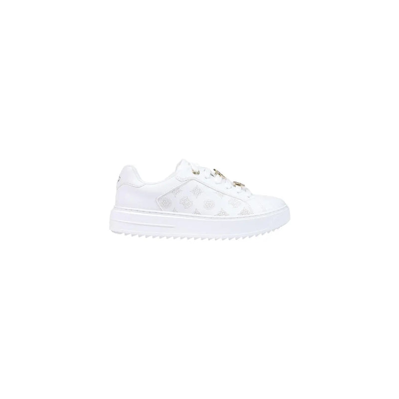 Guess women white platform sneakers with polyurethane slip on design silver logo detailing and metallic eyelets