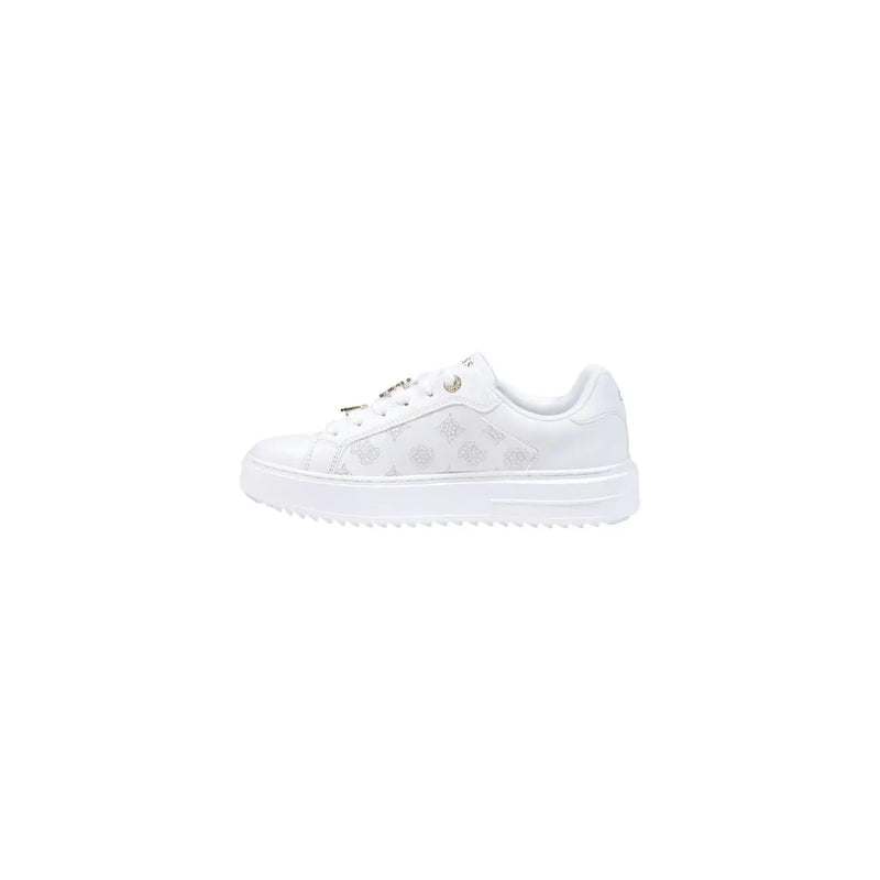 Guess women white polyurethane slip on sneakers with white platform sole and subtle silver logo detailing