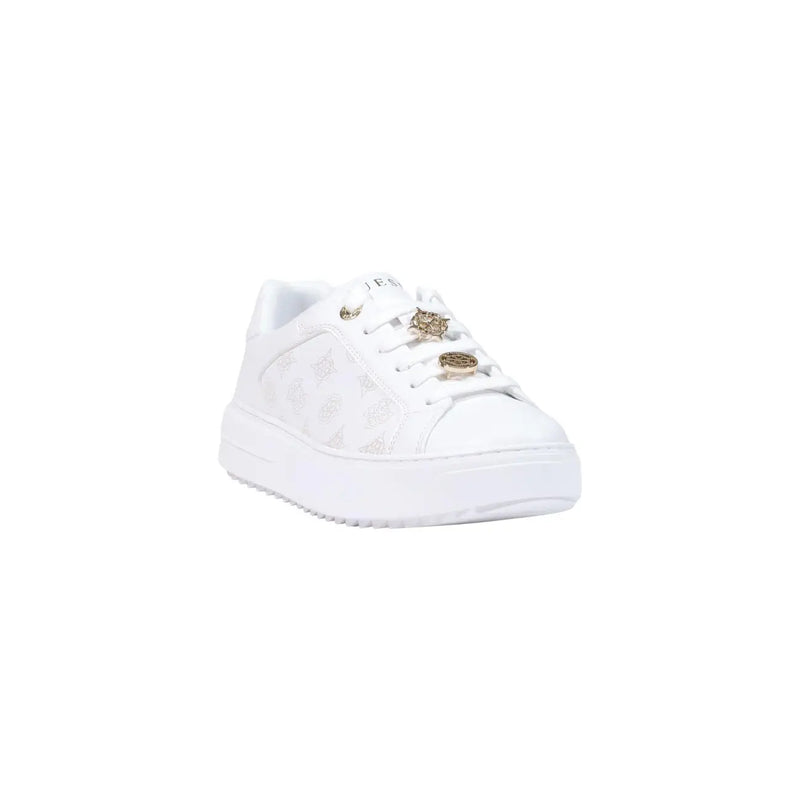 Guess women white platform sneakers with gold-tone accents and subtle embossed branding in polyurethane slip on design