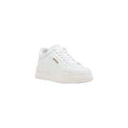 Guess women white leather sneakers with synthetic lace up, chunky sole, and gold tone branding on the side