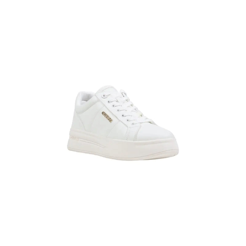 Guess women white leather sneakers with synthetic lace up, chunky sole, and gold tone branding on the side