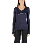 Women’s navy blue long-sleeve V-neck shirt with sparkly Guess logo for stylish women