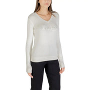 Light grey V-neck long-sleeve sweater with embellished Guess logo and rhinestones