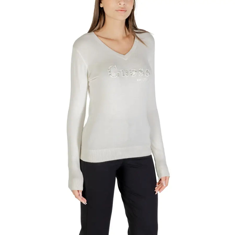 Light grey V-neck long-sleeve sweater with embellished Guess logo and rhinestones