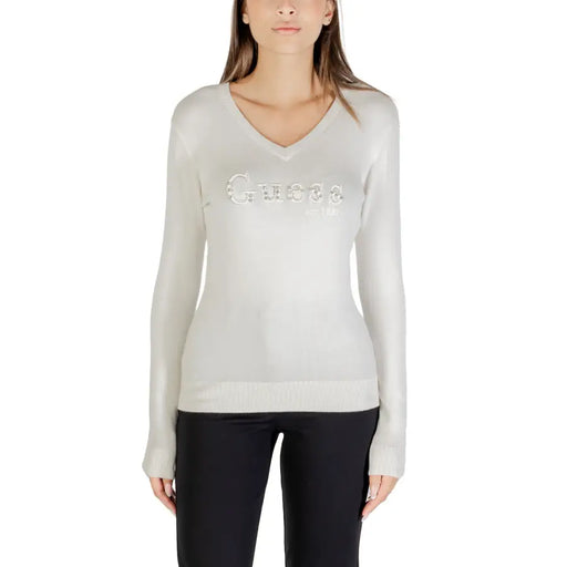 Women’s light grey long-sleeve V-neck sweater with rhinestone Guess logo