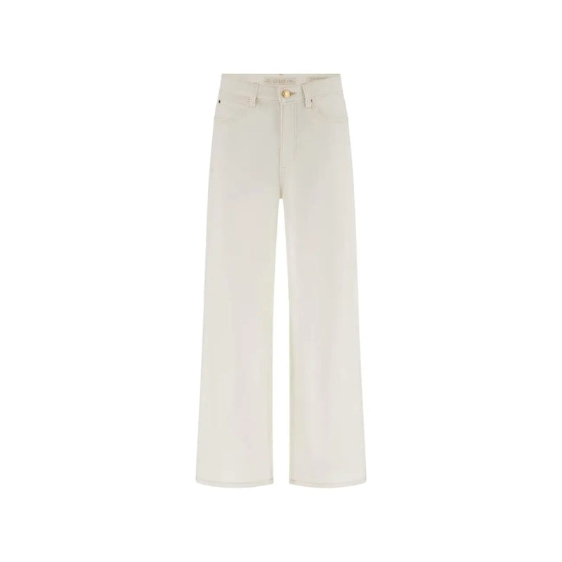 Guess Weit geschnittene Damen-Ankle-Hose aus cremefarbenem Baumwoll-Lyocell-Denim mit fünf Taschen und goldfarbenem Knopfverschluss
