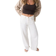 Guess Weit geschnittene Damen-Ankle-Hose aus weißem Baumwoll-Lyocell mit hohem Bund, weitem Bein und geradem Schnitt
