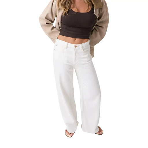Guess Weit geschnittene Damen-Ankle-Hose aus weißem Baumwoll-Lyocell mit hohem Bund, weitem Bein und geradem Schnitt