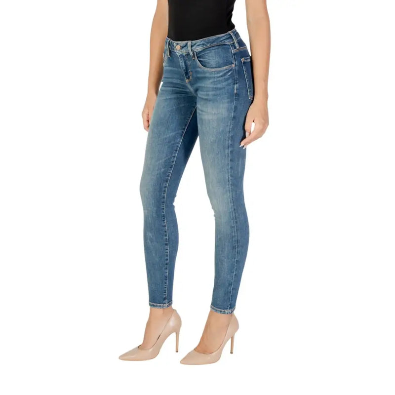 Guess Blaue, schmal geschnittene Damen-Jeans aus Denim mit verwaschenem Look und Used-Effekt im lässigen Stil