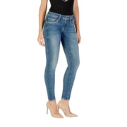 Guess Damen-Skinny-Jeans aus blauem Denim mit verwaschenem Look und klassischem Five-Pocket-Design im Used-Look.