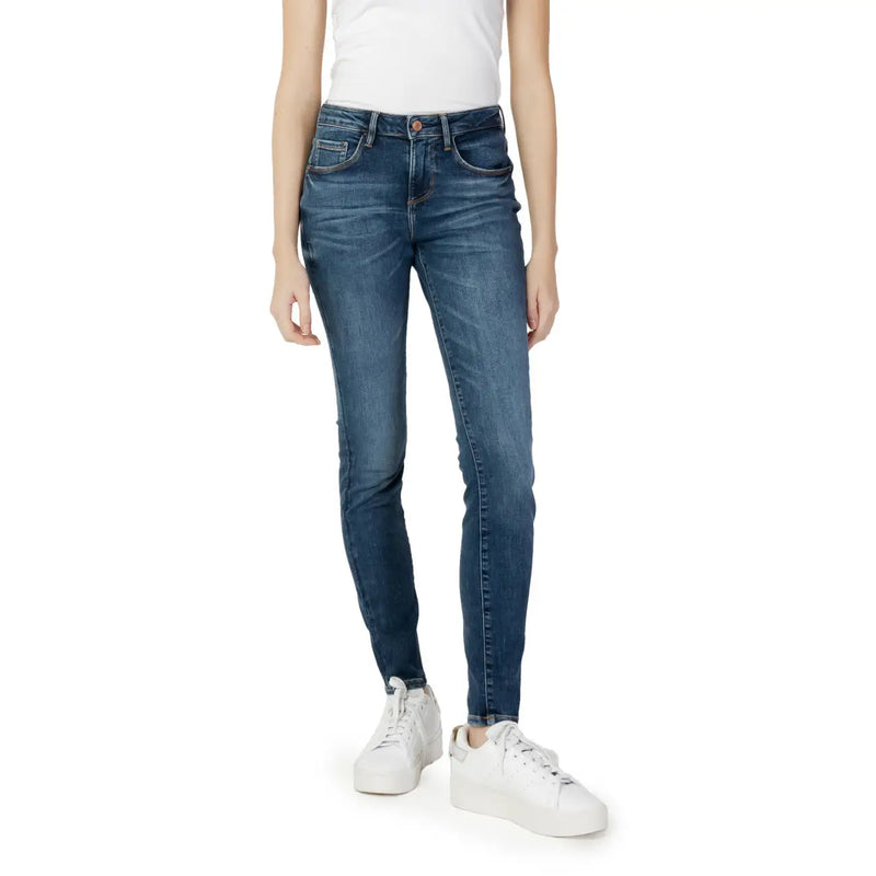 Guess women’s blue high-waisted slim-fit denim jeans with worn-out effect and subtle fading details