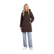 Guess Braune, lange Steppjacke aus Polyester für Damen mit Kapuze, Reißverschluss und Logo auf der linken Brust (Vorderansicht)