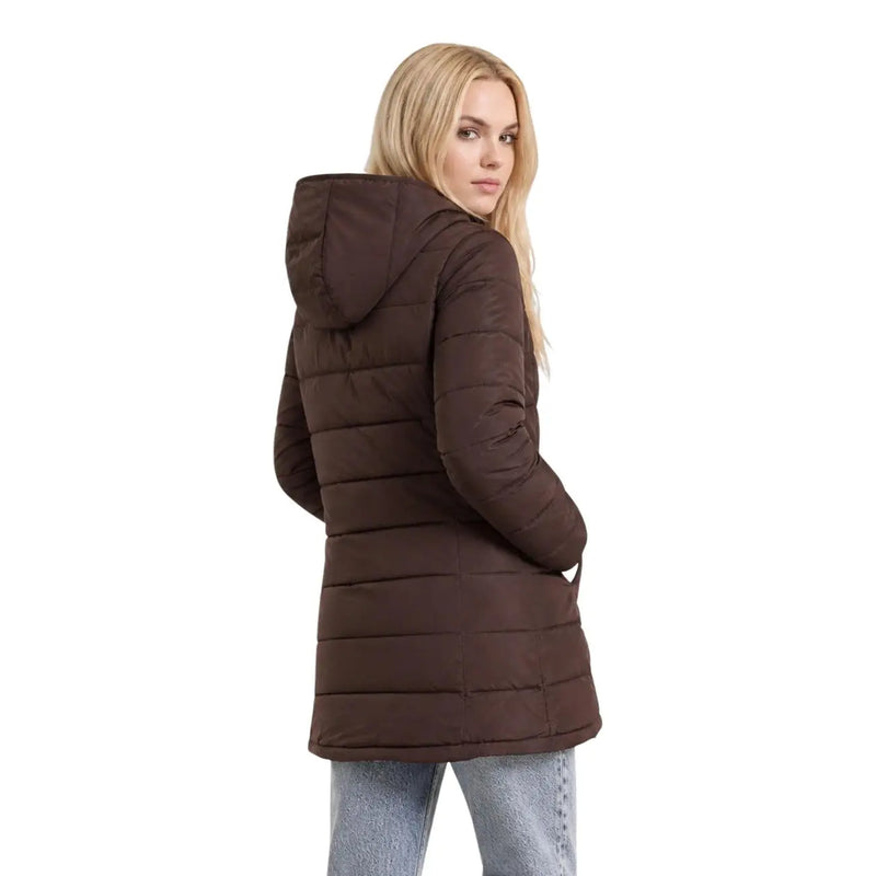 Guess Lange, braune Damen-Steppjacke aus Polyester mit gesteppter Kapuze für den Winter