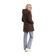 Guess Lange, braune Damen-Steppjacke mit Kapuze aus Polyester für kaltes Wetter
