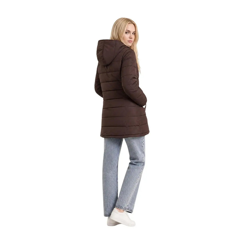 Guess Lange, braune Damen-Steppjacke mit Kapuze aus Polyester für kaltes Wetter