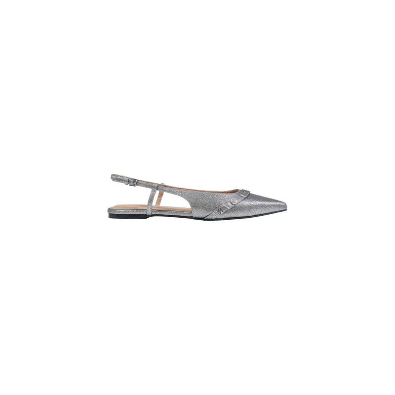 Guess womens grey slip on shoes featuring a silver glittery pointed toe slingback flat with delicate ankle strap