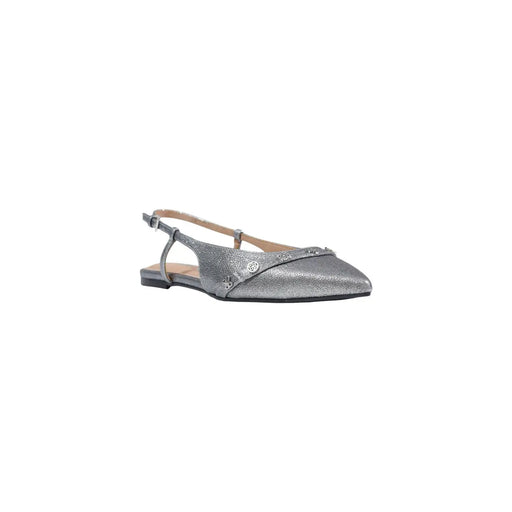 Guess Graue Damen-Slipper mit silberglitzerndem Fersenriemen, spitzer Zehenpartie und Ziernieten am Riemen