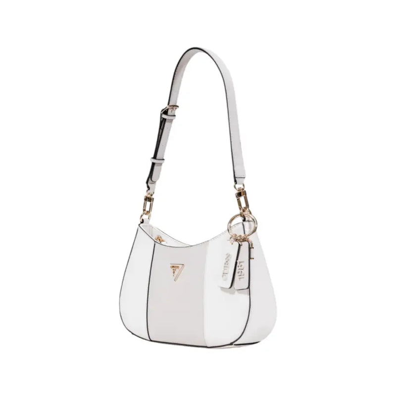 White shoulder bag with gold Guess logo and charm, ideal for fall winter accessories