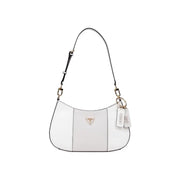 White and light grey Guess Womens shoulder bag with black strap and decorative tags