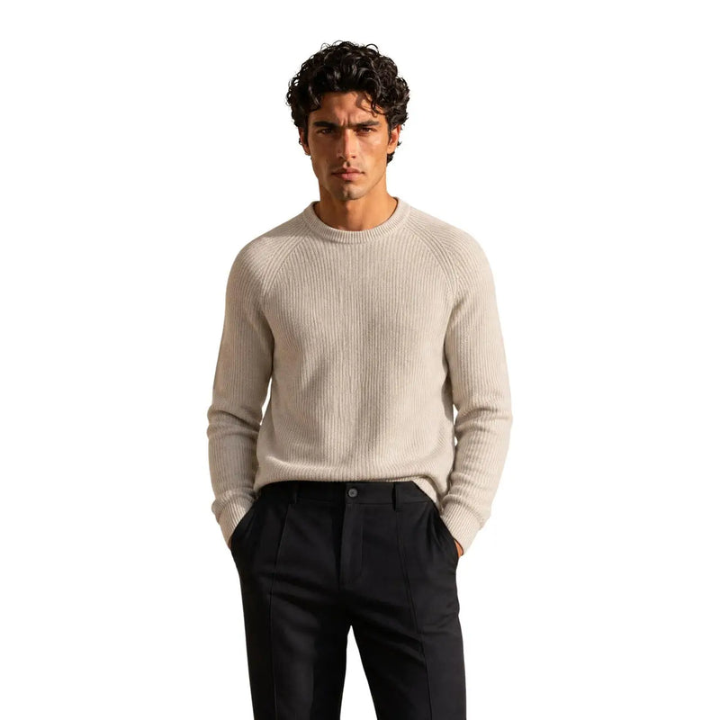 Guess Wollpullover Niro Vanisãe für Damen in Beige mit Rippstrickmuster, Rundhalsausschnitt und langen Ärmeln, Vorderansicht