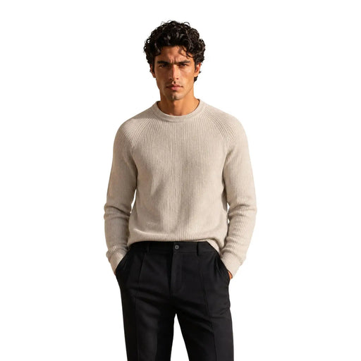 Guess Wollpullover Niro Vanisãe für Damen in Beige mit Rippstrickmuster, Rundhalsausschnitt und langen Ärmeln, Vorderansicht