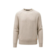 Guess Wollpullover Niro Vanisae für Herren in Beige, gerippt, mit Rundhalsausschnitt und dezentem Logo (Vorderansicht)