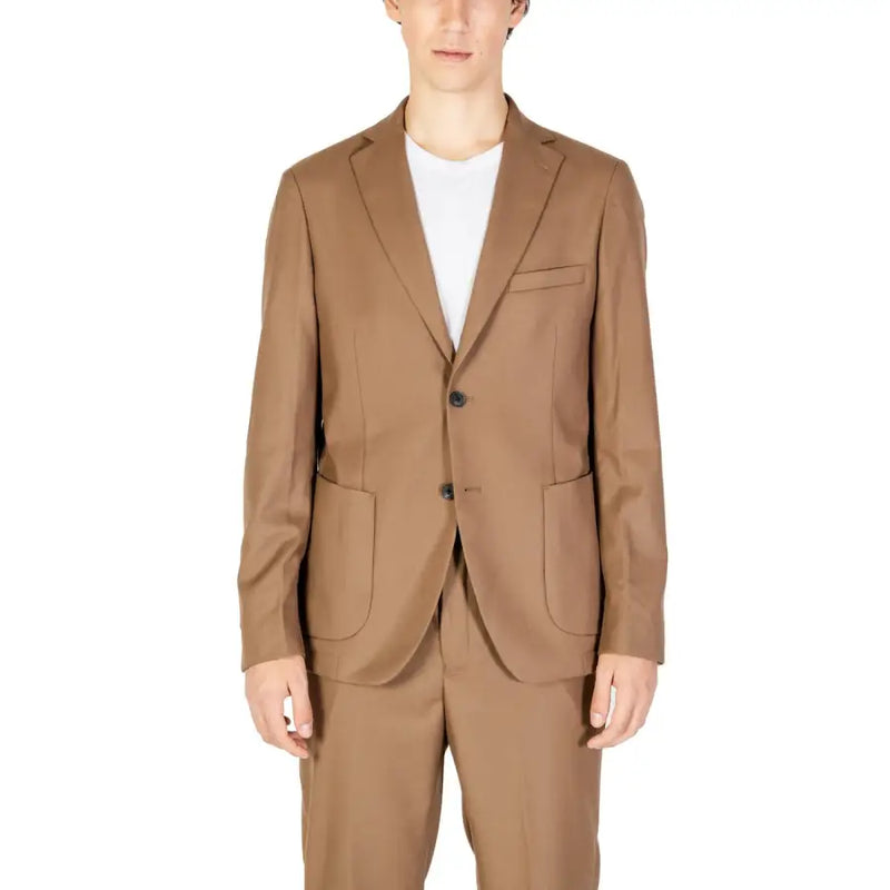 Hellbrauner Wollblazer mit fallendem Revers und zwei Knöpfen vorne von hamaki-ho Herren-Blazer aus beigefarbenem Polyester mit Reverskragen GAI1579H