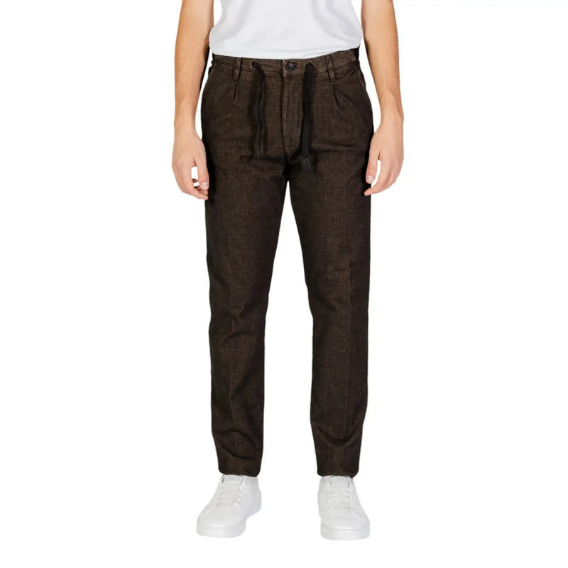 Dark brown hamaki-ho men trousers in cotton blend with drawstring waistband plain zip detail