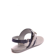 Hogan women leather sandals in silver and navy blue with metallic buckle details and multicolor bow design
