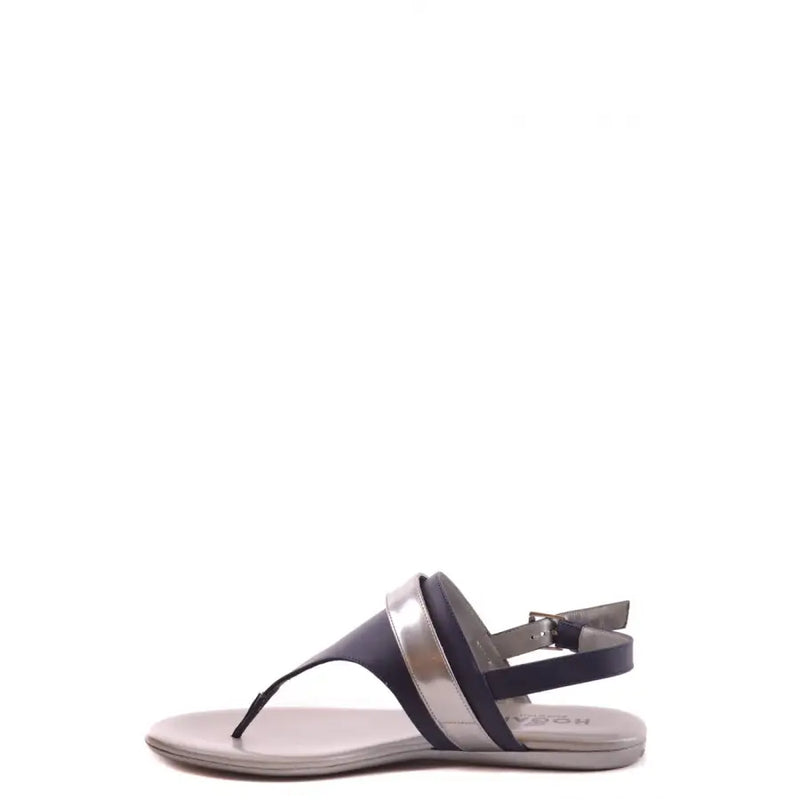 Hogan black and silver two-tone leather thong sandals with buckle