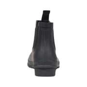 Back view of hunter black rubber ankle boots for women featuring a pull tab and chelsea boot design