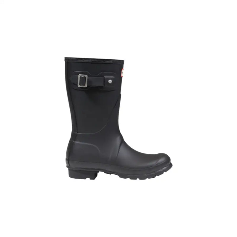 Hunter Schwarze Damen-Gummistiefelette mit silberner Schnalle und rotem Logo