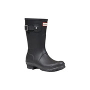 Hunter Schwarze Damen-Gummistiefelette mit silberner Schnalle und rotem Logo