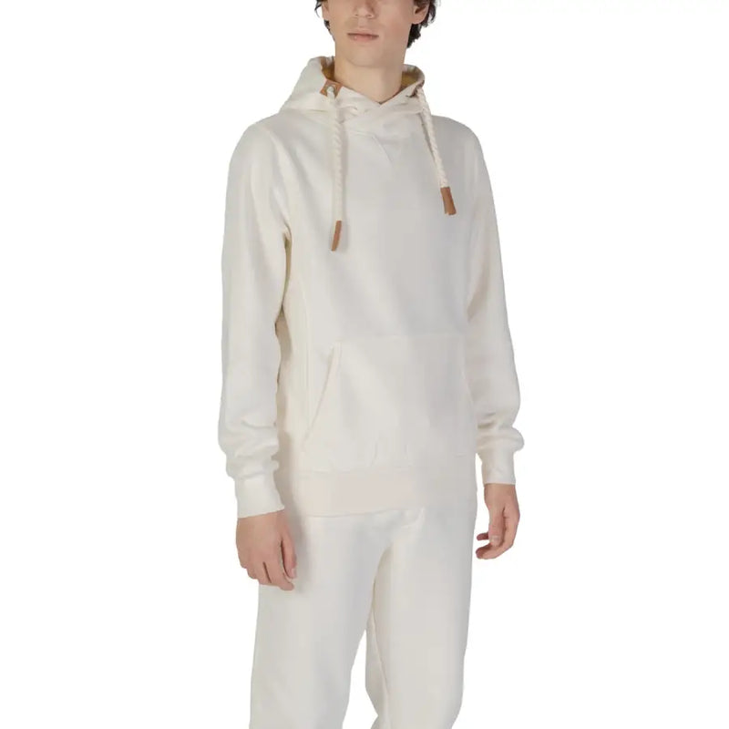 Cremefarbener Hydra Clothing Herren-Hoodie aus weißem Baumwoll-Polyester-Gemisch mit weichem Stoff und kontrastierenden hellbraunen Kordelzügen